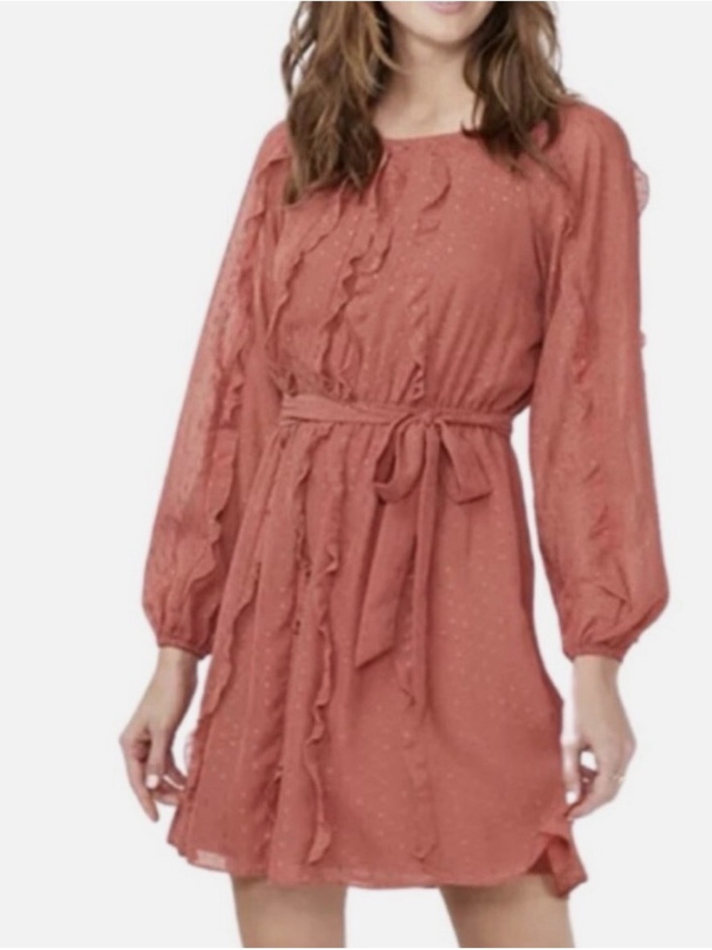 LC Lauren Conrad Rust Colored Tie-Waist Ruffle Long-Sleeve Dress